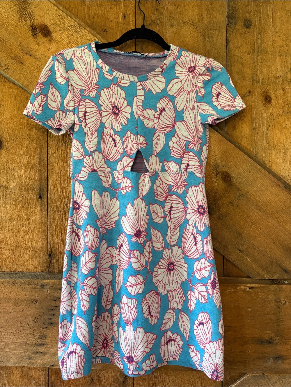 Zara Sky Blue Floral Cutout Short Dress Knit Floral Print Mini Blue White S
